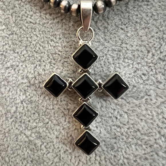 ❤️ Black Onyx Cross Sterling Southwestern Navajo Six Stone 1.84”L Pendant 4.9G - Picture 4 of 14